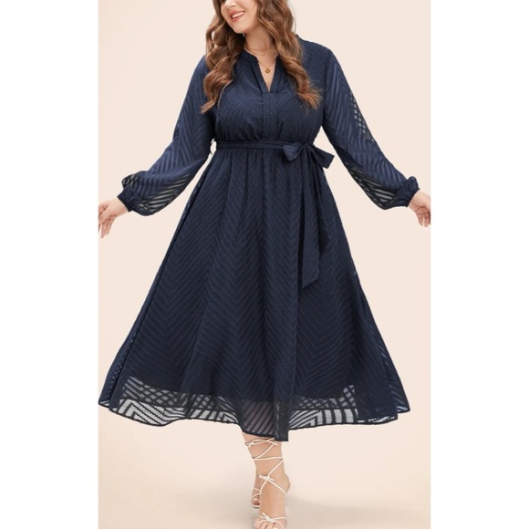 Bloomchic Geometric Lantern Sleeve Dress Navy - Picture 1 of 11